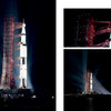 Two nighttime photos from "Apollo 8 in Photographs" by Schiffer Publishing, Ltd. show the Saturn V rocket on the launchpad beside its red tower, spotlights illuminating preparations for the historic Apollo 8 mission against the dark sky.
