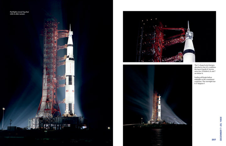 Two nighttime photos from "Apollo 8 in Photographs" by Schiffer Publishing, Ltd. show the Saturn V rocket on the launchpad beside its red tower, spotlights illuminating preparations for the historic Apollo 8 mission against the dark sky.