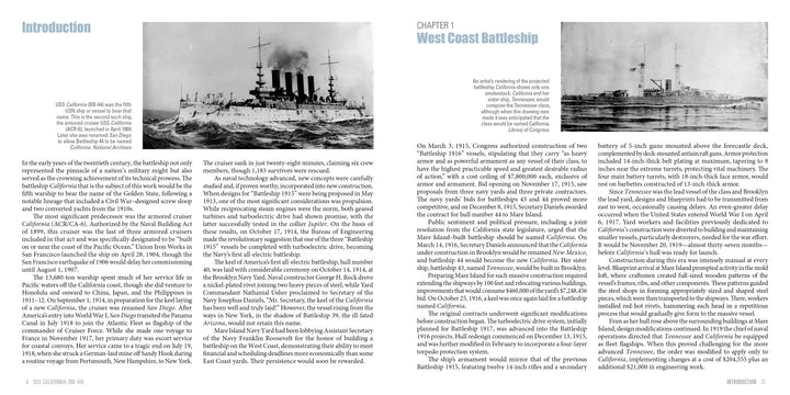 Two pages from Schiffer Publishing, Ltd.'s "USS California (BB-44)": the left page features a black-and-white photo and introduction; the right starts Chapter 1 with details and imagery of Pearl Harbor.