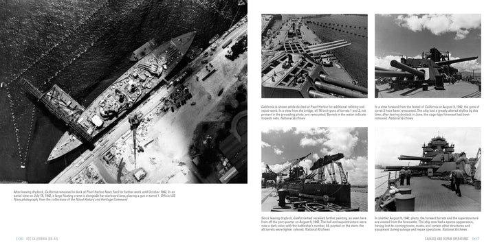 Aerial and close-up black-and-white photos of USS California (BB-44) from Schiffer Publishing, Ltd. show the battleship docked at Pearl Harbor with sailors at work, equipment loading, and large naval guns from multiple angles.
