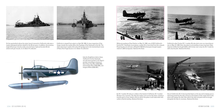 A book spread from Schiffer Publishing, Ltd.'s "USS California (BB-44)" features black-and-white photos of U.S. Navy warships and floatplanes at sea, including the USS California at Pearl Harbor, a blue Navy floatplane illustration, and descriptive captions.