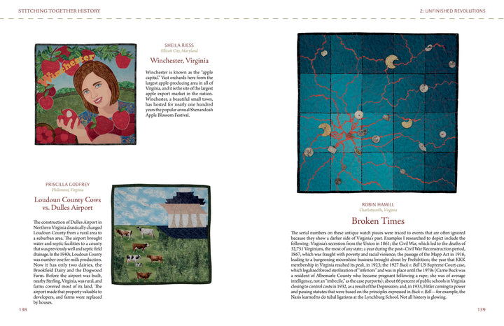 In "Stitching Together History" by Schiffer Publishing, Ltd., a book spread showcases three Virginia quilts—depicting apples, cows at Dulles Airport, and a blue map pattern—alongside each maker’s story and tributes to American history.