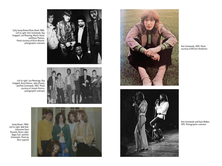 A collage of black-and-white and color photos shows Savoy Brown members from the 1960s and 1970s. Captions identify Kim Simmonds, British blues-rock guitarist featured in Street Corner Talking, The Autobiography of Kim Simmonds by Schiffer Publishing, Ltd., and Dave Walker.
