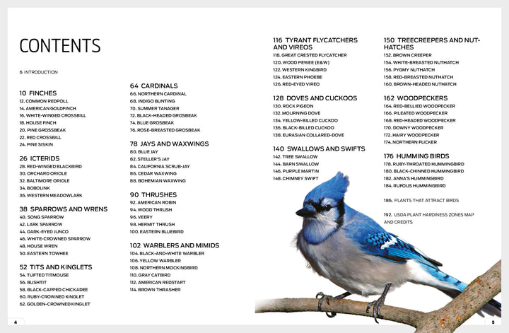 On the left, "Backyard Birds of North America" by Schiffer Publishing, Ltd. features a table of contents listing species for easy bird identification. On the right, a blue jay perches on a branch against a light gray background.