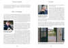 A two-page magazine spread for Schiffer Publishing, Ltd.'s "We Are All Americans" features text and three photos—a smiling man in a blue jacket, Peter Laufer with a gray beard holding a mug, and a close-up of an entry keypad by a green door.
