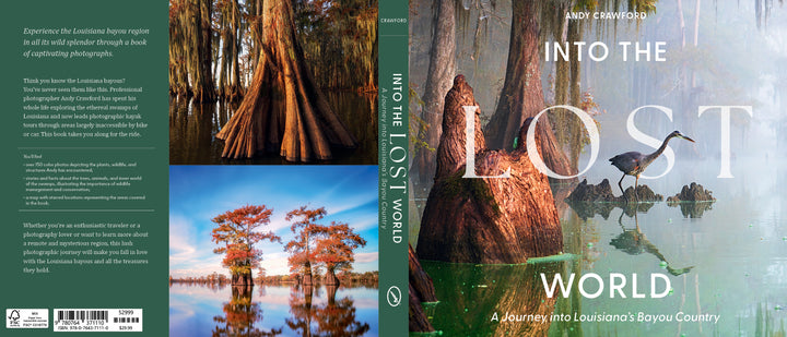 Book cover for Into the Lost World by Schiffer Publishing, Ltd.—a visual exploration of Louisiana's bayous with cypress trees, sunrise egrets, and misty landscapes.
