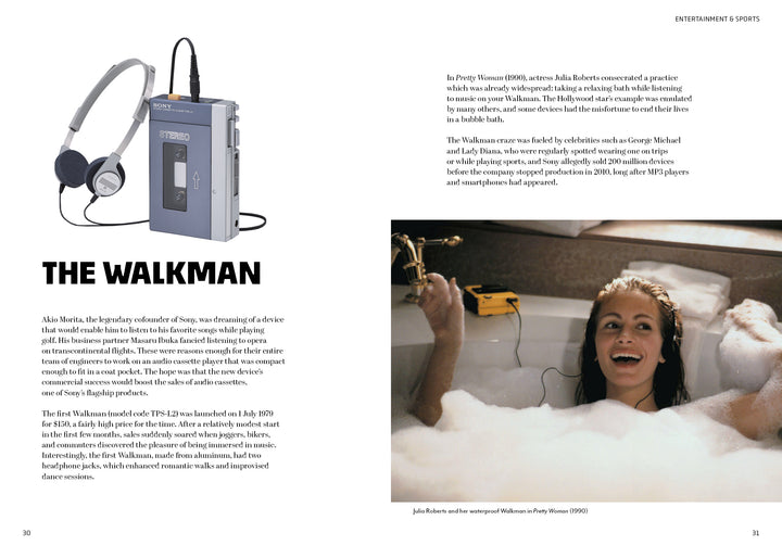 A magazine spread from Schiffer Publishing, Ltd.'s "Iconic Objects of the 1980s," features a classic Sony Walkman on one page and Julia Roberts in the infamous "Pretty Woman" bathtub scene listening to headphones on the other.