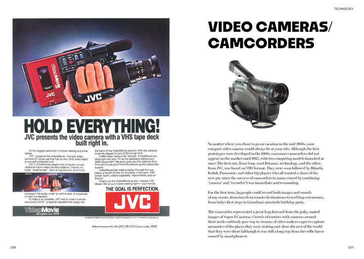 Schiffer Publishing, Ltd.'s "Iconic Objects of the 1980s" features a vintage JVC ad with a hand holding a large red VHS camera beside a modern black one, showcasing video camera evolution and celebrating 1980s classics.