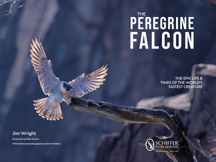 A peregrine falcon with wings spread wide lands on a branch, rocky cliffs blurred behind, framing the book title “The Peregrine Falcon” by Schiffer Publishing, Ltd.