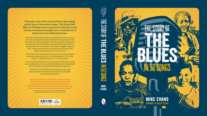 Book cover for The Story of the Blues in 50 Songs by Schiffer Publishing, Ltd., with illustrated blues legends around a vintage mic on a blue background, and yellow and white text highlighting blues history.