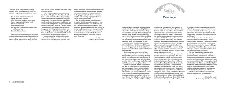 A two-page spread from "Memento Gorey" by Schiffer Publishing, Ltd. features a quote, “Preface” with hands and wheat graphics, dense columned text, and a layout reminiscent of Gorey documentary materials and Edward Gorey interviews.