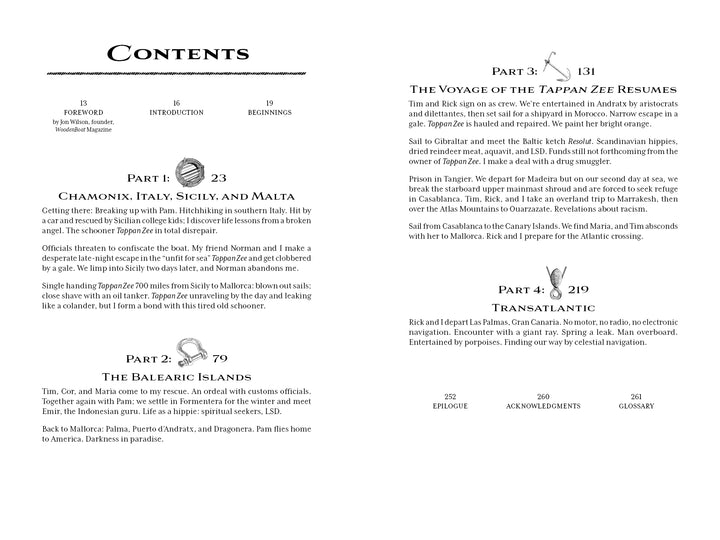 A table of contents for the book Rebel Voyage, listing parts, chapters, page numbers, and brief descriptions of narrative events for each section of a Nat Benjamin transatlantic sailing voyage.