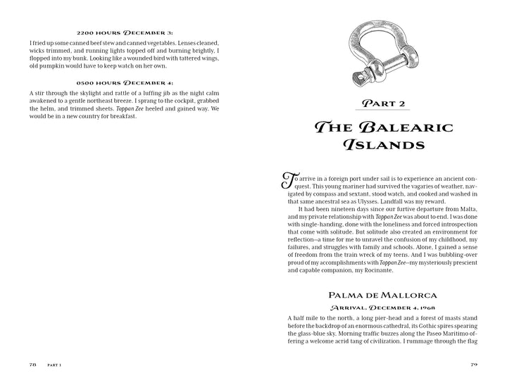 A Rebel Voyage book spread featuring journal entries from December 3 and 4, a header for Part 2: The Balearic Islands, and a narrative entry for Palma de Mallorca, 1968, documenting Nat Benjamin’s transatlantic sailing voyage.