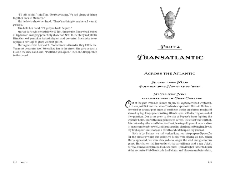 A page from the book Rebel Voyage titled Transatlantic: Across the Atlantic, dated August 1, 1969, detailing a schooner adventure during a sailing voyage.