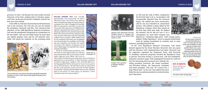 The "Meet the Presidents: USA 250th Birthday Special Edition" from Schiffer Publishing, Ltd. features a two-page spread on President Taft with text, photos, illustrations, bio info, sidebars like My 2 Cents, and a timeline of key dates from his life.