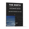 The cover of Schiffer Publishing, Ltd.’s The Earth from Space Coloring Book shows a space station image of Earth, half in color and half in black and white outline, with title text above and below.