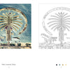 Side-by-side images from The Earth from Space Coloring Book by Schiffer Publishing, Ltd.: left, a satellite view of Palm Jumeirah, Dubai; right, a black-and-white line drawing ideal for coloring.