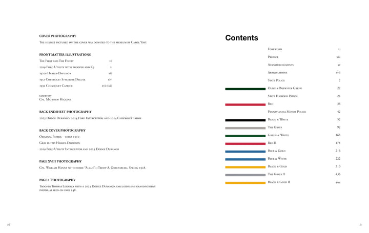 In "On Patrol" by Schiffer Publishing, Ltd., one page lists photography credits for the Pennsylvania State Police history and uniforms sections; the facing contents page displays colored lines with chapter titles in a clean, minimalist design.