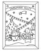A holiday scene from the Christmas Market Crew coloring book by Schiffer Publishing, Ltd. features a penguin in earmuffs holding gifts beneath a tree, while a duck presents a “Now Serving Frozen Hot Cocoa” sign. Overhead, Christmas lights, a shooting star, and a banner reading “Snowman Alley” evoke the charming spirit of festive holiday art.
