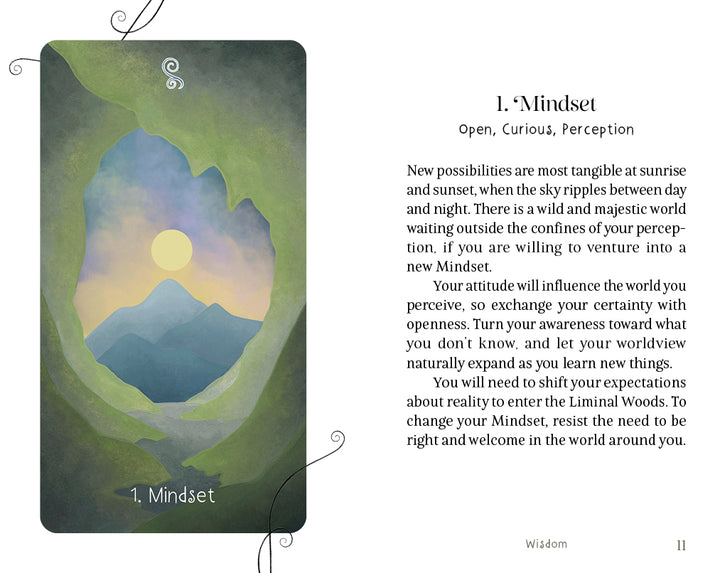 An illustrated card from The Liminal Woods Oracle by Schiffer Publishing, Ltd. features a cave opening framing a sunrise above distant mountains. On the right side, text delves into the theme of Mindset, inspiring open curiosity and fresh perspectives when encountering new situations, and inviting you to venture further into the enchanted forest of your own potential.