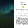 An illustration from The Liminal Woods Oracle by Schiffer Publishing, Ltd. depicts an enchanted forest beneath a night sky illuminated by a green aurora. To the right, text reads “Chapter 3 Journey” beside a sun icon, accompanied by a passage inspired by themes of life’s journey from The Liminal Woods Oracle card deck. The page is marked with the number 33 at the bottom.
