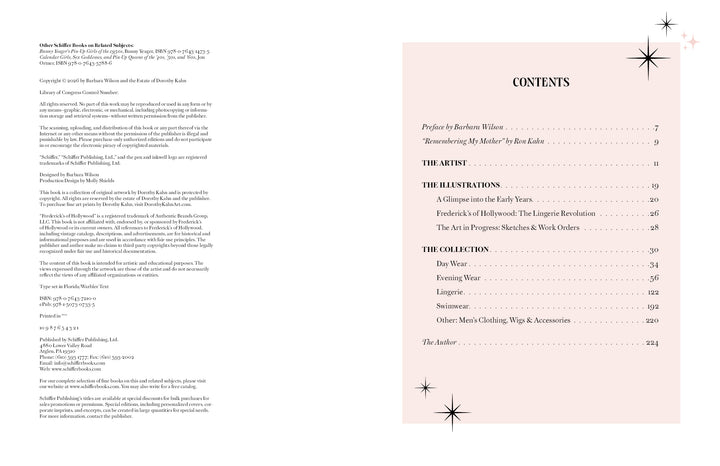 On the left, Dorothy's Girls by Schiffer Publishing, Ltd. features a copyright page with publishing details. Opposite, a pink contents page lists pin-up illustrations and sections with black star accents—styled like Frederick’s of Hollywood.