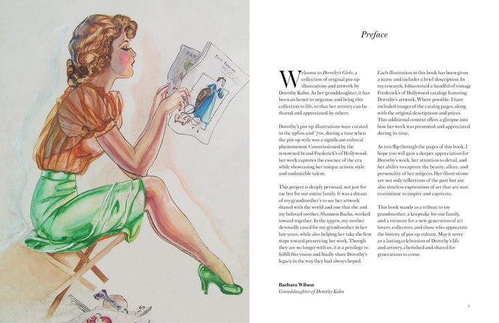 A watercolor of Dorothy Kahn in vintage attire sketches fashion designs on a stool, with a bird below. To her right, the preface introduces "Dorothy's Girls" by Schiffer Publishing, Ltd., a book on her early pin-up illustrations.