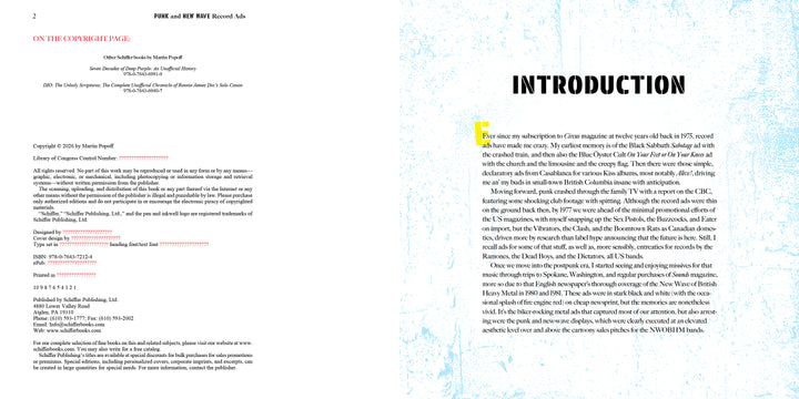 Two-page spread of Punk and New Wave Record Ads by Schiffer Publishing, Ltd. Left page shows copyright and publishing info in black and red; right page, styled like promo art, has a textured blue background with bold INTRODUCTION and body text.