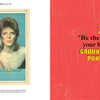 Left page: Vintage music poster with David Bowie and a woman in dramatic makeup. Right page: Red background, bold yellow/black text—"Be the first on your block." Featured in Punk and New Wave Record Ads by Schiffer Publishing, Ltd.