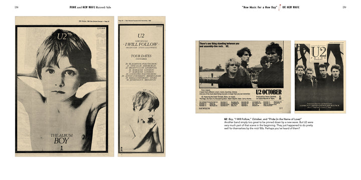 Two pages from Punk and New Wave Record Ads by Schiffer Publishing, Ltd. display vintage U2 advertisements for the album *Boy*, with bold graphic design elements: a black-and-white portrait of a boy, concert listings, band photos, and singles clippings—all laid out in a newspaper-inspired style that channels the punk and new wave promotional aesthetic.