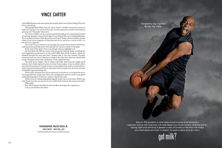 Vince Carter, clad in black basketball gear, leaps and smiles while holding a ball. Against a gray backdrop, white text reads "Milk Mustache" from Schiffer Publishing, Ltd., a classic ad celebrating milk's benefits for athletes.