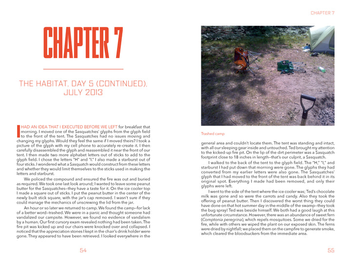 A book spread from Sasquatches by Schiffer Publishing, Ltd. shows Chapter 7: The Habitat, Day 5 (Continued), July 2013, with text on the left and a photo of a trashed campsite on the right hinting at northern Michigan Sasquatch activity.