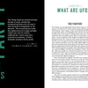 A spread from "They're Here" by Schiffer Publishing, Ltd. features “Part 1: The UFOs” with an H.G. Wells quote, while the “What Are UFOs?” page examines WWII sightings, “foo fighters,” and the origins of modern UFO phenomena.