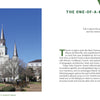 A wide view of St. Louis Cathedral in Jackson Square, New Orleans, with palm trees and lively crowds captures the city's spirit. "New Orleans" by Schiffer Publishing, Ltd. celebrates Mardi Gras and historic buildings under blue skies.
