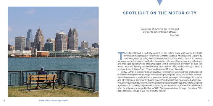 A striking view of Detroit’s skyline—modern and historic skyscrapers under a blue sky, seen from across the river with a grassy foreground—featured in "Detroit" by Schiffer Publishing, Ltd., ideal for Motor City souvenirs or photo books.