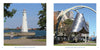 Side-by-side images: Left, the Milliken State Park Lighthouse by the Detroit River; right, the Millennium Bell in Grand Circus Park—just two highlights from "Detroit" by Schiffer Publishing, Ltd.