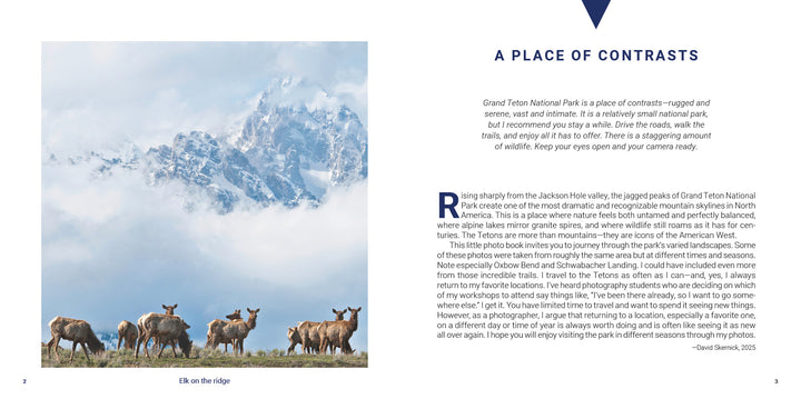A herd of elk grazes before snowy peaks under a cloudy sky in Grand Teton National Park—an iconic scene captured in this photography book from Schiffer Publishing, Ltd.