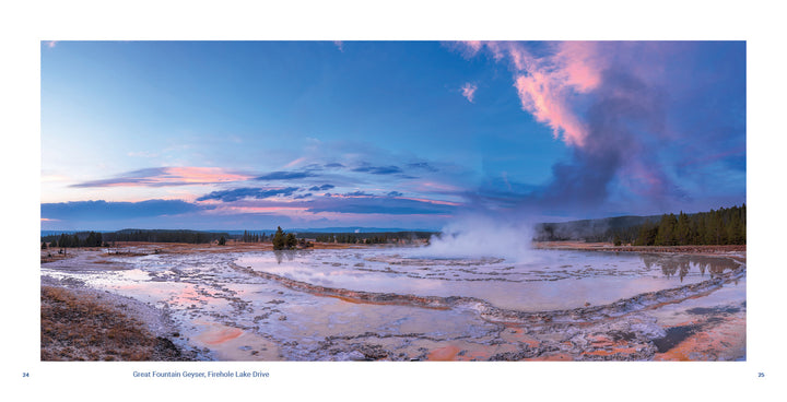 Experience Yellowstone National Park with Schiffer Publishing, Ltd.—witness steam rising from geothermal wonders like Great Fountain Geyser, framed by colorful mineral deposits and a vibrant sunset sky over a forest alive with wildlife.