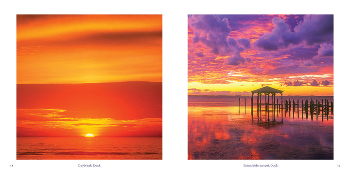 Side-by-side images: left, a vivid orange sunrise over calm waters at Cape Hatteras; right, a dramatic sunset with pink and purple clouds above a pier and dock in Outer Banks. From "Outer Banks" by Schiffer Publishing, Ltd.