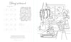 Enjoy relaxing with The Very Cozy Coloring Book by Schiffer Publishing, Ltd., featuring a swatch section and a cozy winter scene—steaming mug, books, mittens, candle, plants, and a snowy cottage visible through a nighttime window.