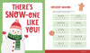 Left: A smiling snowman in red hat, scarf, and mittens with “THERE’S SNOW-ONE LIKE YOU!” Right: Schiffer Publishing’s KindKids Holly Jolly Christmas Puzzle Book, featuring festive puzzles and a Holiday Baking word scramble with gingerbread illustrations.