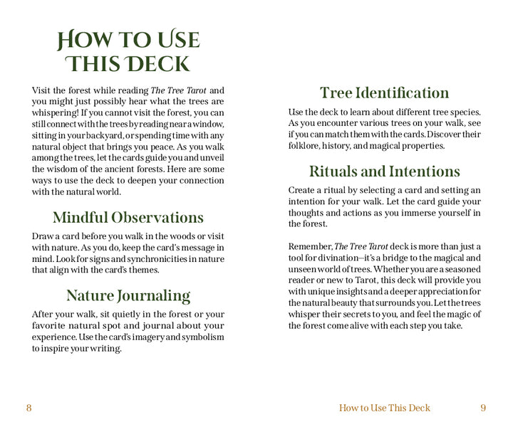 An open book displays “How to Use This Deck” from The Tree Tarot by Schiffer Publishing, Ltd., featuring sections on mindful observation, nature journaling, tree identification, and rituals. Text guides users in connecting with forest wisdom through the Tree Tarot deck.