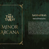 A green and gold tarot card from Schiffer Publishing, Ltd.’s The Tree Tarot, Minor Arcana, describes the Suit of Pentacles and features the sassafras tree—symbolizing healing, abundance, stability, and protection—to offer forest wisdom for your spiritual journey.