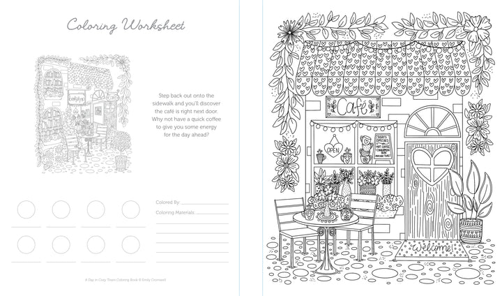 A black-and-white coloring worksheet, inspired by Schiffer Publishing, Ltd.’s *A Day in Cozy Town Coloring Book*, features an outdoor café scene with tables, chairs, plants, and a cottage-style building with a Café sign. Reminiscent of Emily Cromwell’s cozy town illustrations, the sheet includes blank spaces for coloring credits and a short prompt on the left.