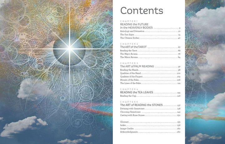 Table of contents for the divination book Fortune Telling for a Modern Age, listing chapters on astrology, tarot, palm reading, tea leaves, and stones.