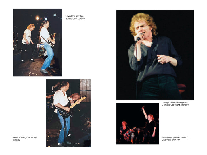 Four photos from Rock ’n’ Roll Slum Kid by Schiffer Publishing, Ltd. show musicians playing classic rock on stage with guitars and mics—featuring close-ups, full-body shots, and unclear performer identities.