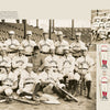 Vintage photo from Baseball Threads by Schiffer Publishing, Ltd. features a late 1800s Boston baseball team dressed in classic uniforms; smaller images and illustrations of the team and players—evoking pre-1900 baseball history—appear on the right against a beige background.