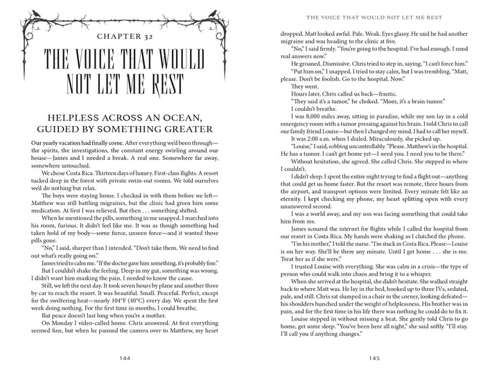 Two pages from the Whispers from the Unknown book showing Chapter 32, The Voice That Would Not Let Me Rest, detailing a family medical crisis alongside unsettling ghost encounters.