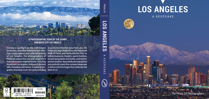 Book cover for Los Angeles featuring a daytime view of city landmarks with mountains, a spine with title and logo, and a night view of the skyline under a full moon.