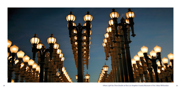 Rows of glowing vintage-style street lamps at dusk, an iconic Los Angeles landmark from the Schiffer Publishing, Ltd. book Los Angeles.